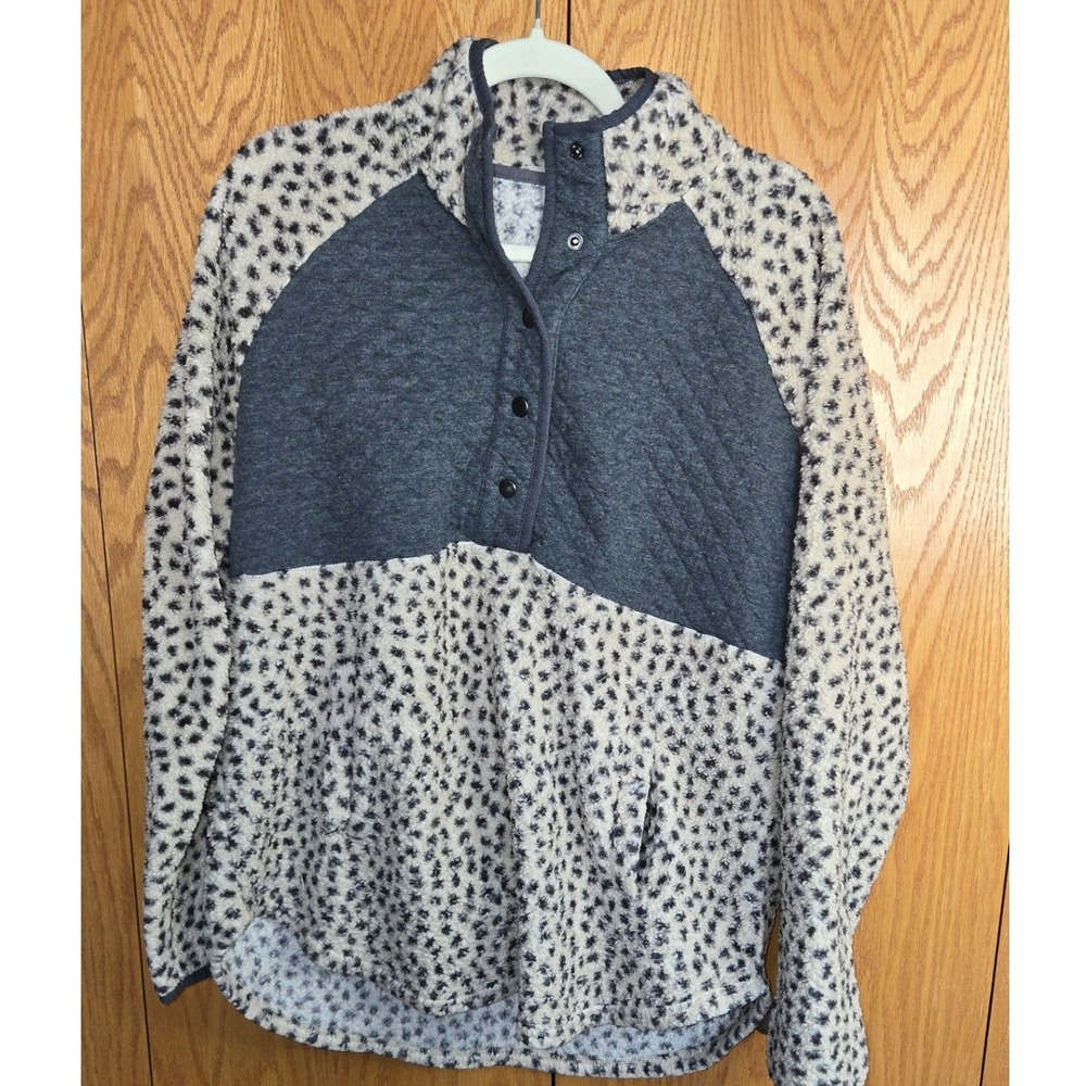 Maurices Leopard Print Sherpa Fleece Quilted Snap Neck Pullover Gray XL